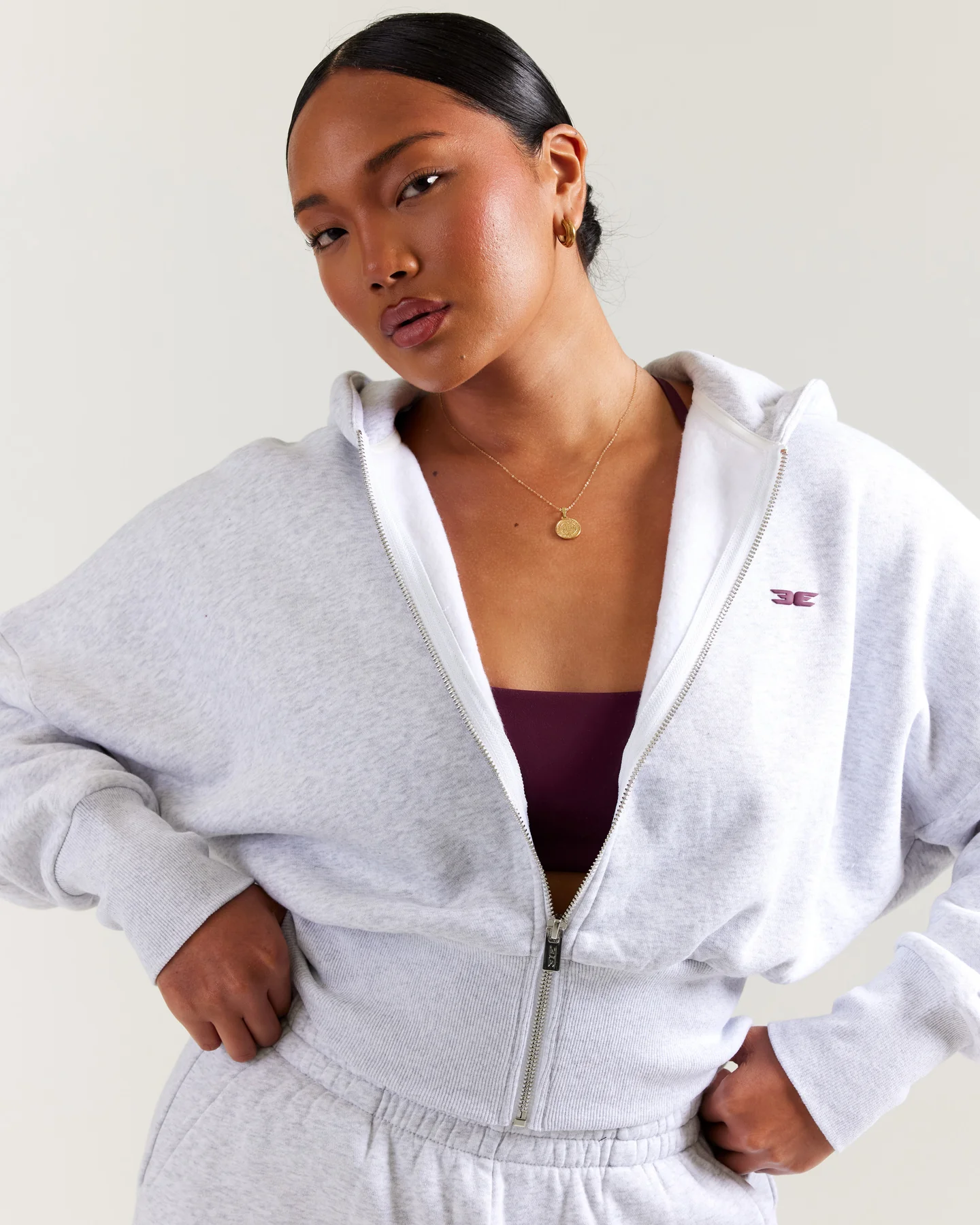 Omni Zip Through Hoodie - Grey Marle/Cherry Cola - Image 6