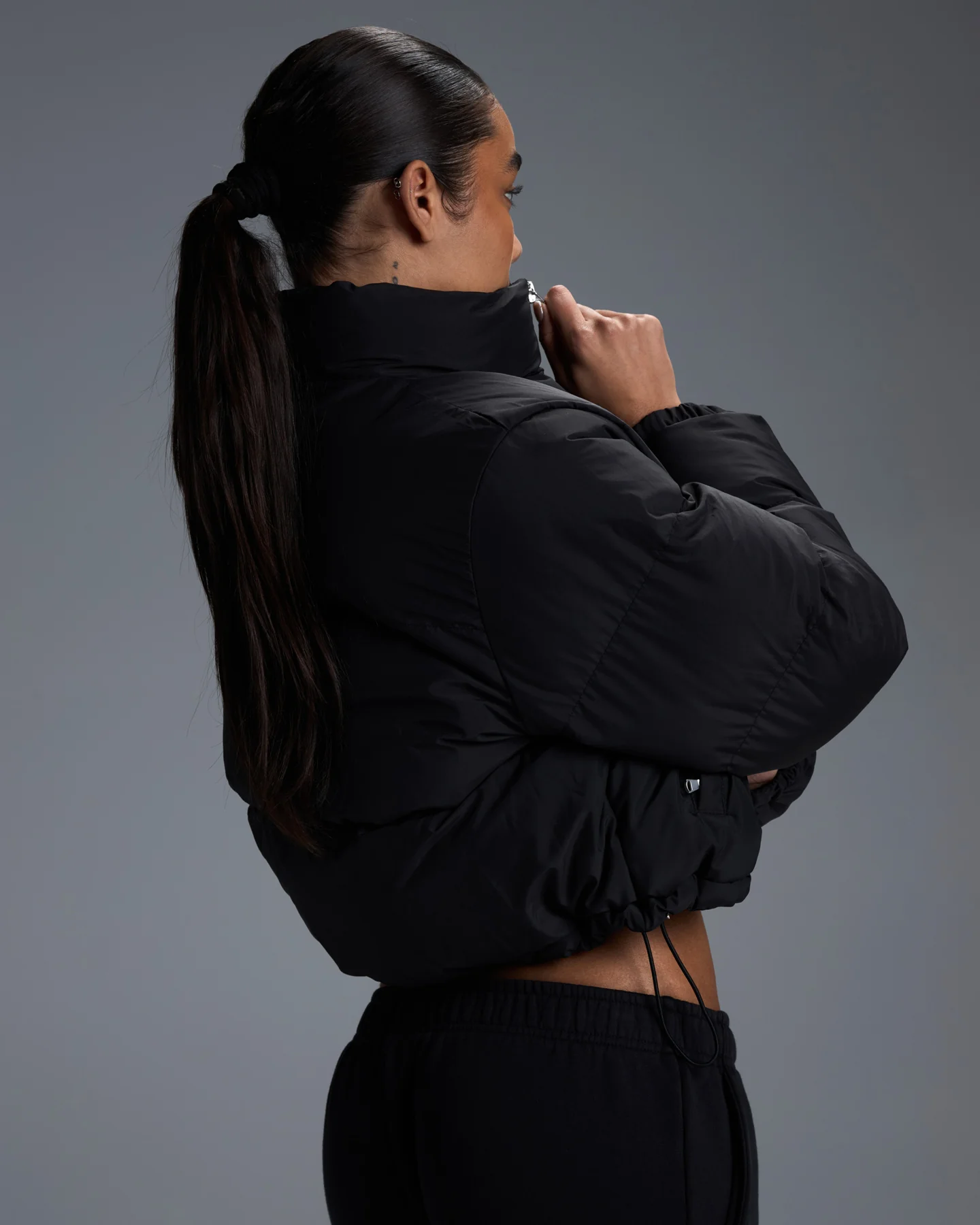 Premium Cropped Puffer Jacket - Black - Image 3